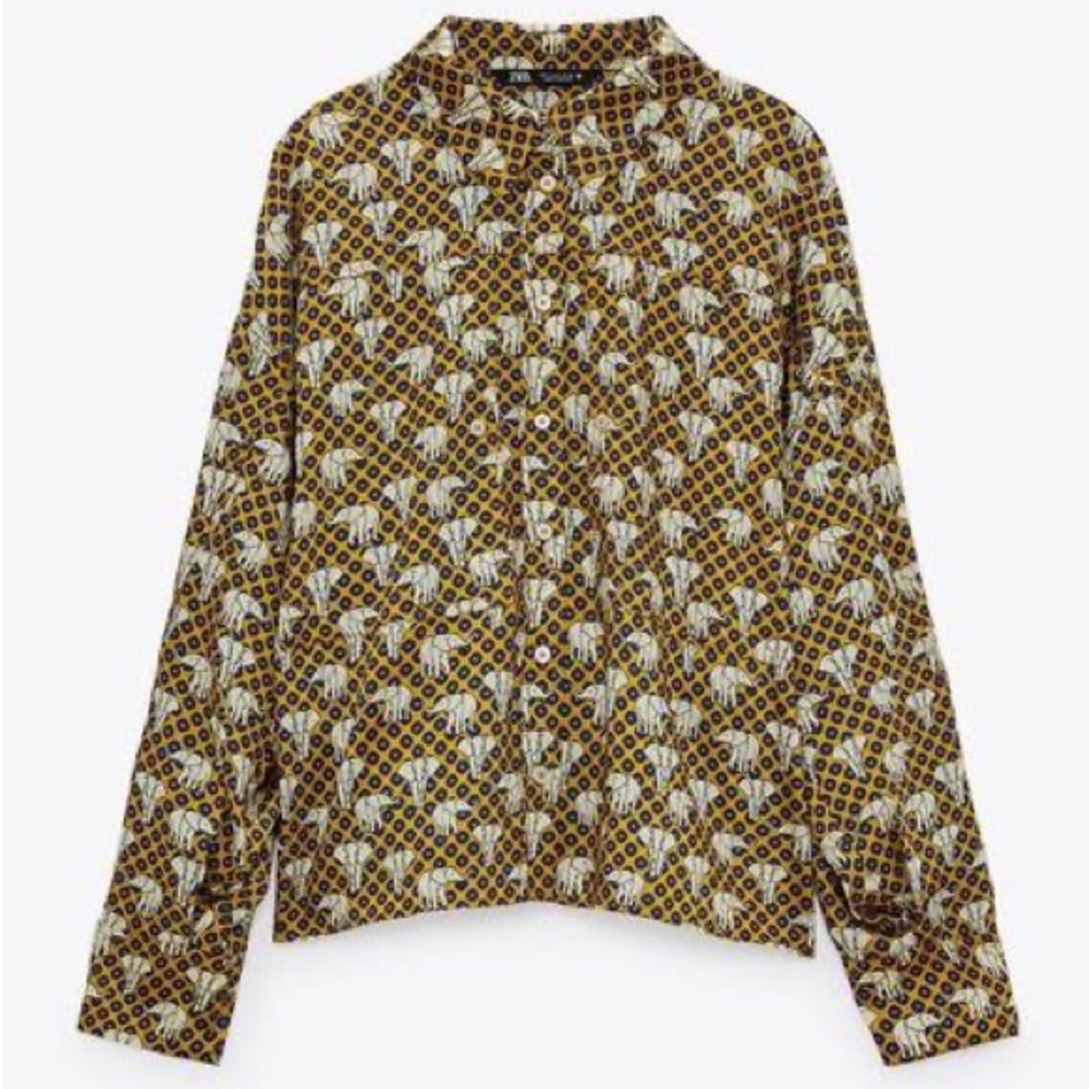 Zara Yellow, White and Brown Printed Button-Down Shirt - Picture 2 of 8